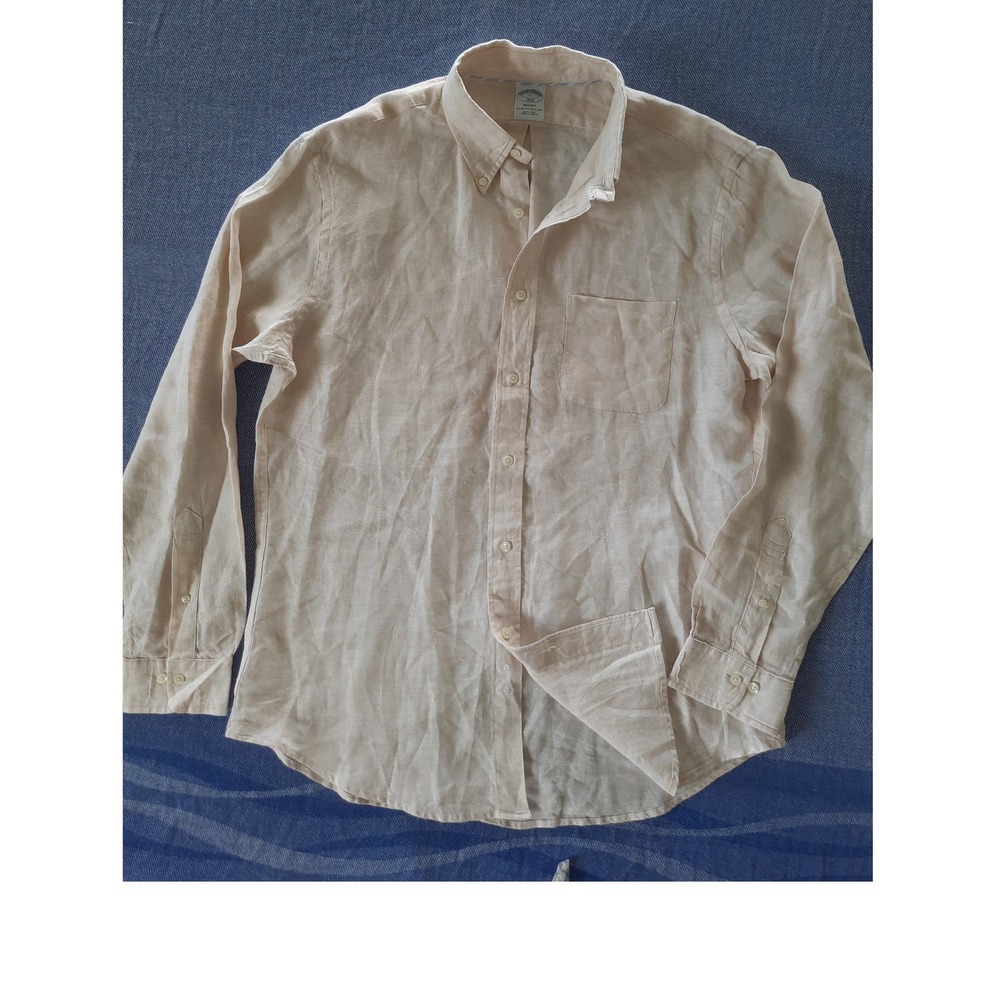 Brooks Brothers 1818 Regent Fit Pure Linen Button Down Shirt Beige Mens Large